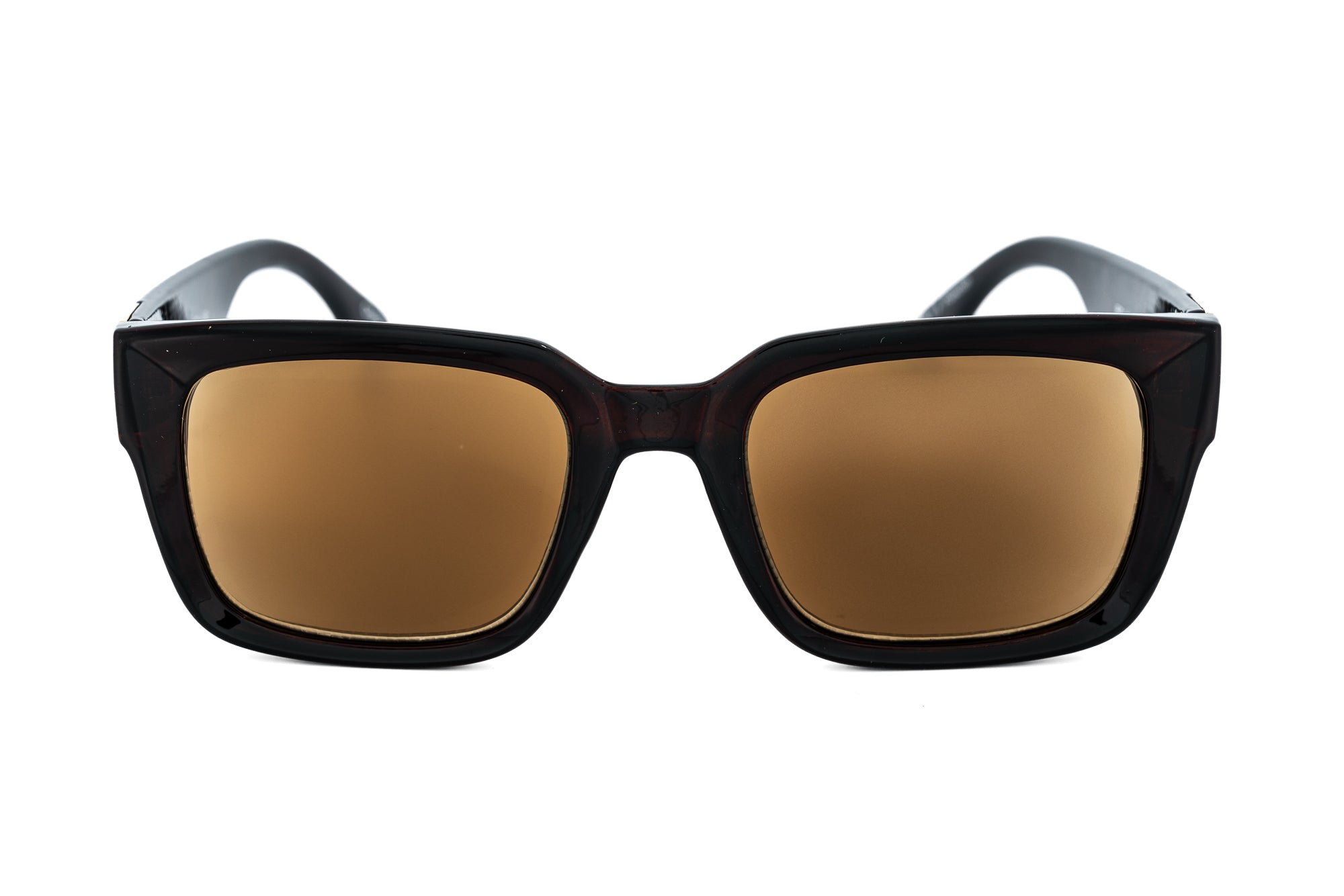 Brivelle sun readers by Bolero Eyewear in black tortoise frame with geometric gold temples front angle view
