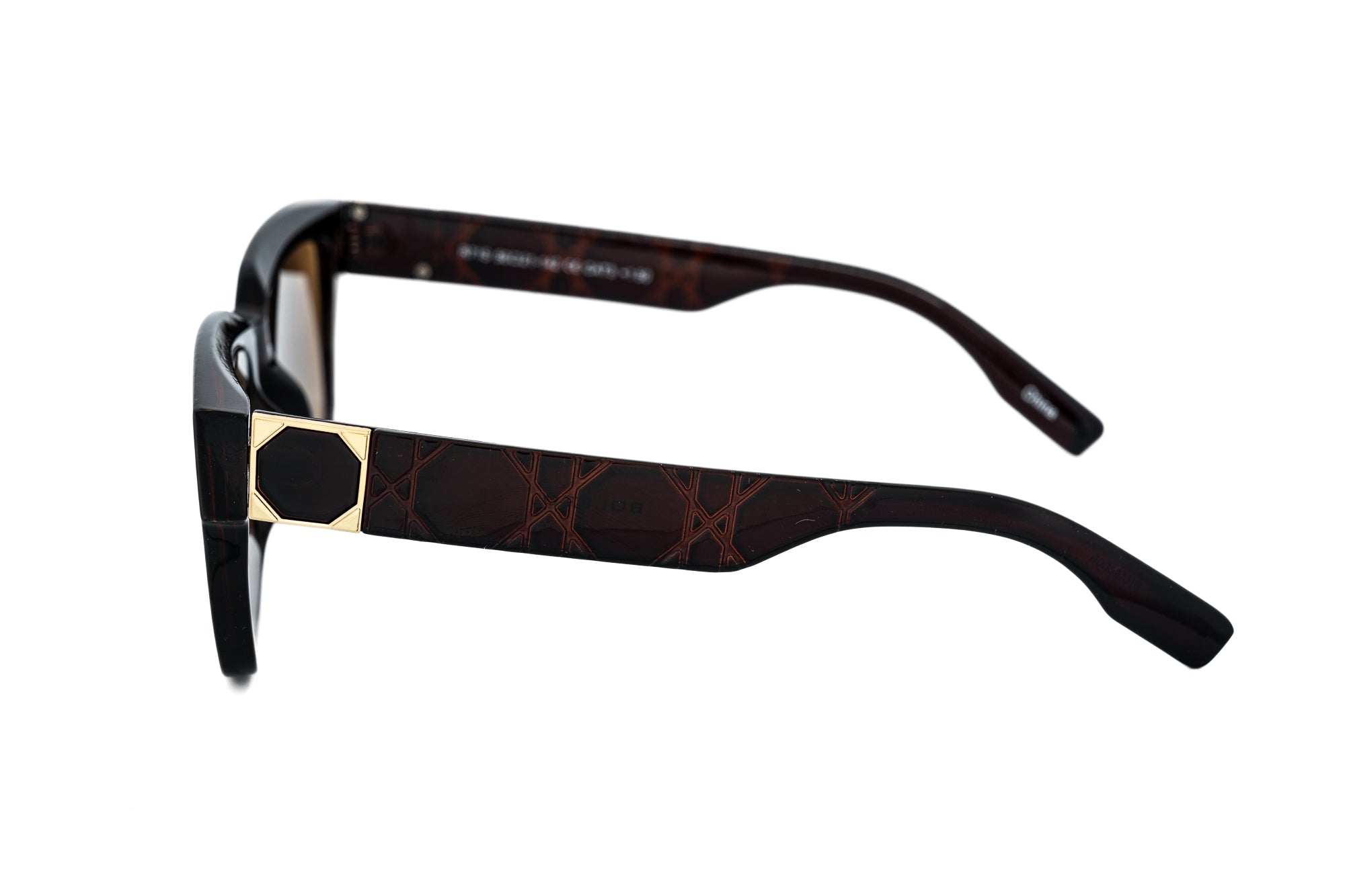 Brivelle sun readers by Bolero Eyewear in black tortoise frame with geometric gold temples side angle view
