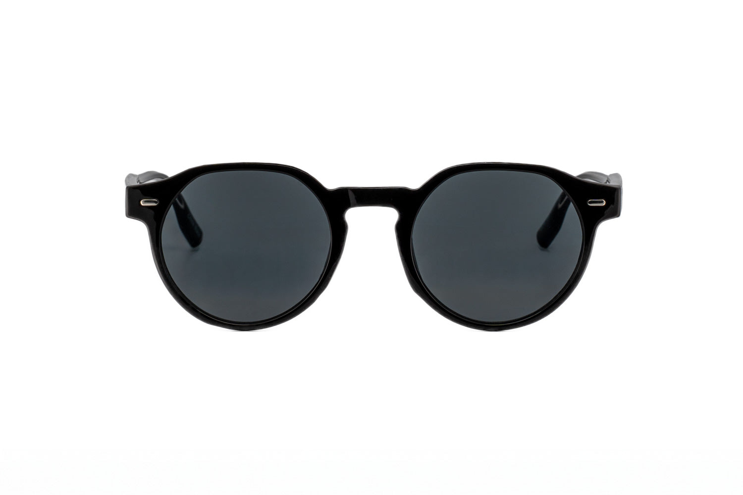 Brody by Bolero Eyewear black crystal round sunglasses with UV lenses metal core temples and spring hinges front angle view
