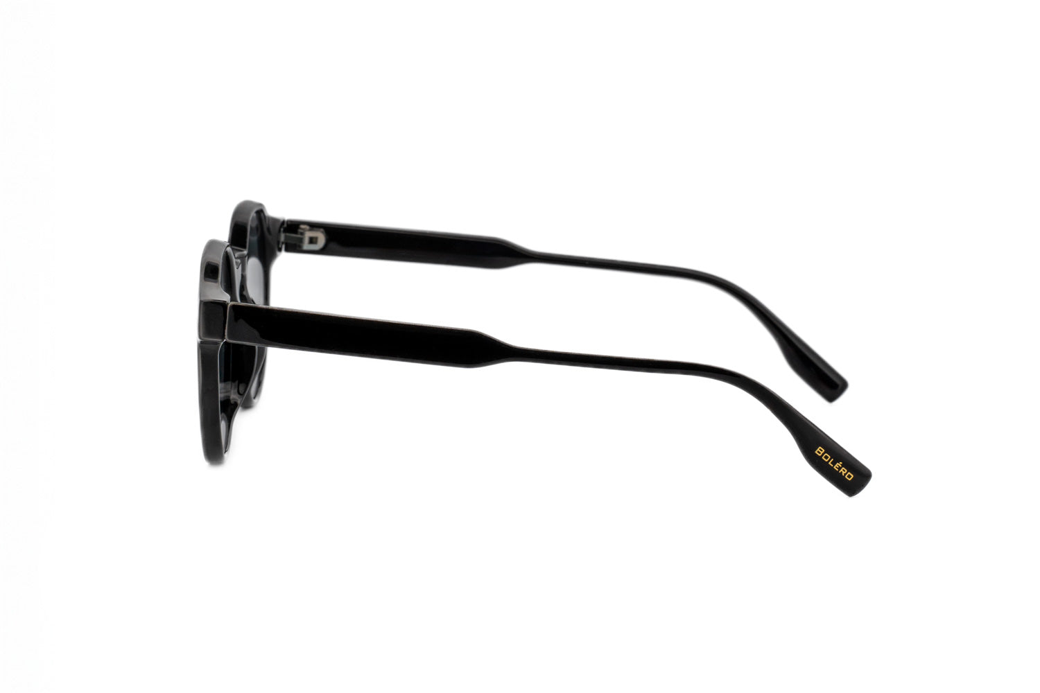 Brody by Bolero Eyewear black crystal round sunglasses with UV lenses metal core temples and spring hinges side angle view