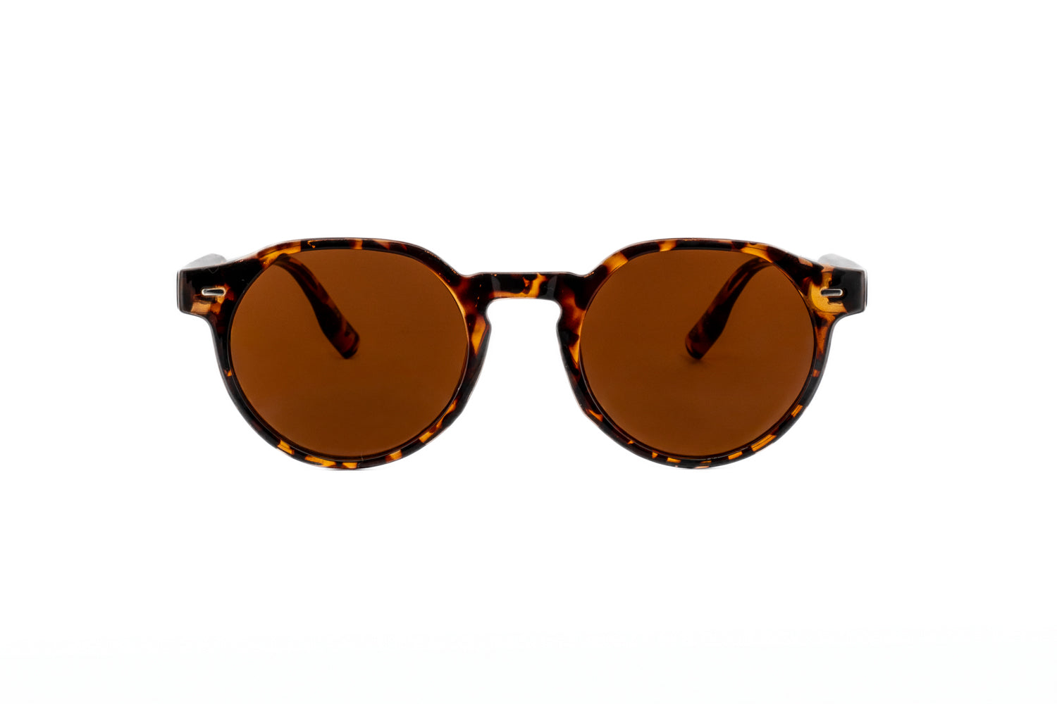 Brody tortoise round sunglasses by Bolero Eyewear with brown UV lenses flexible spring hinge temples front angle view