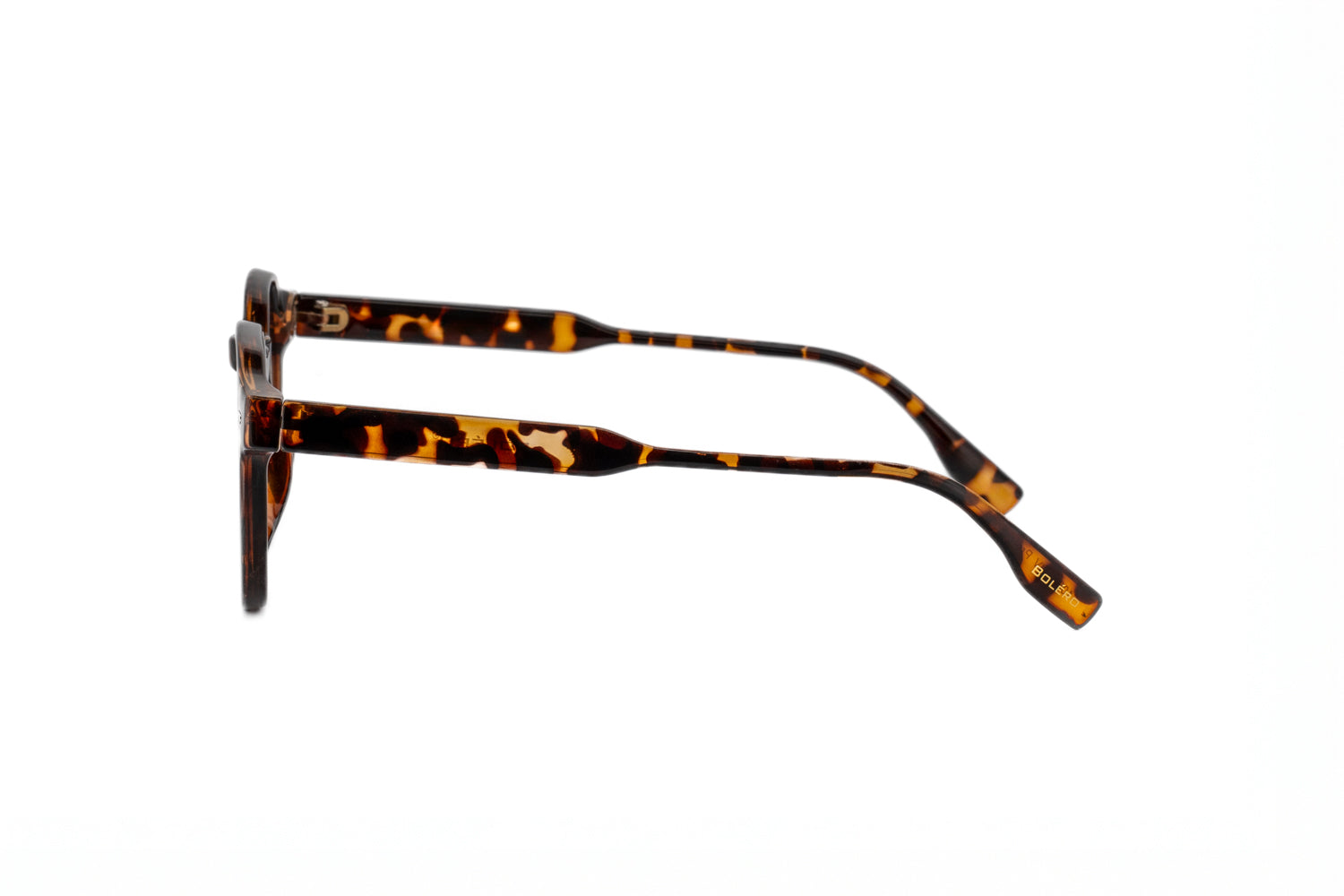 Brody tortoise round sunglasses by Bolero Eyewear with brown UV lenses flexible spring hinge temples side angle view