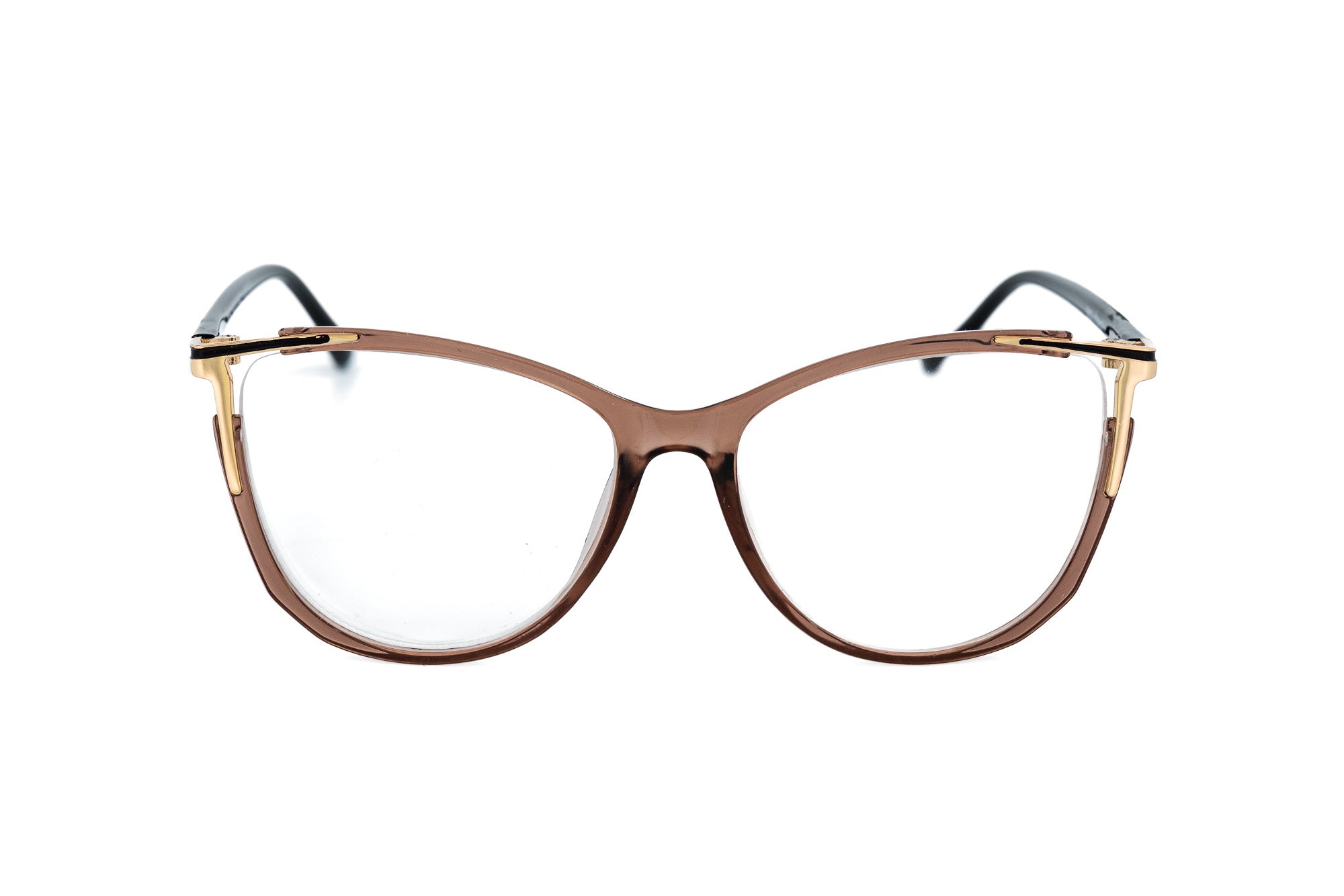 Caelira by Bolero Eyewear light taupe gold reading glasses with feminine cat-eye silhouette front angle view