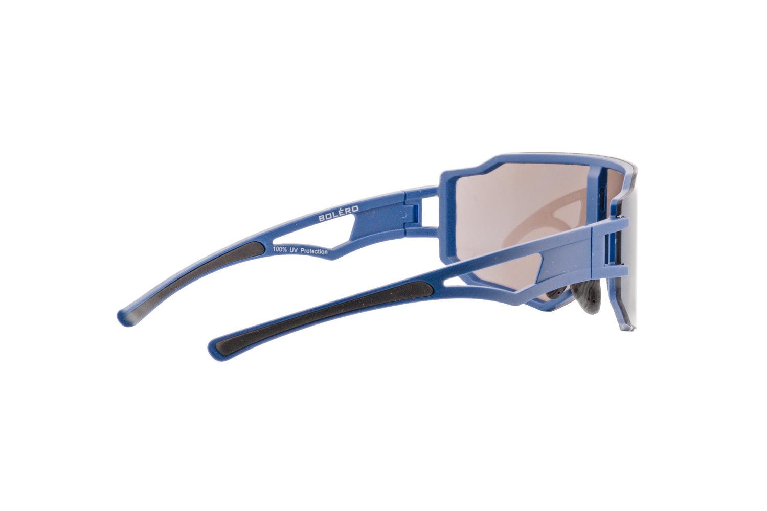 Caleb by Boléro Eyewear blue shield sunglasses with blue mirror sport lens rear-three quarter angle view