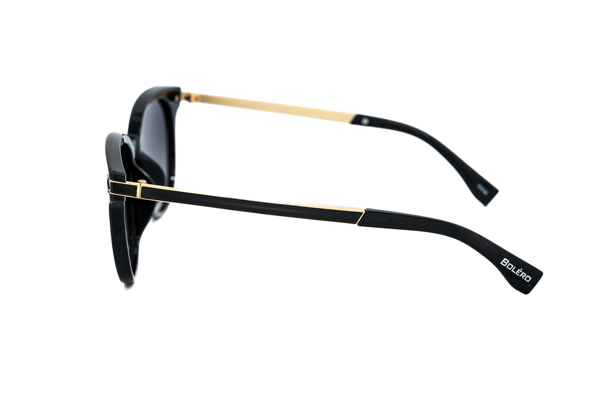 Calista by Bolero Eyewear black polarized sunglasses with gold-accented temples and rounded cat-eye shape side angle view
