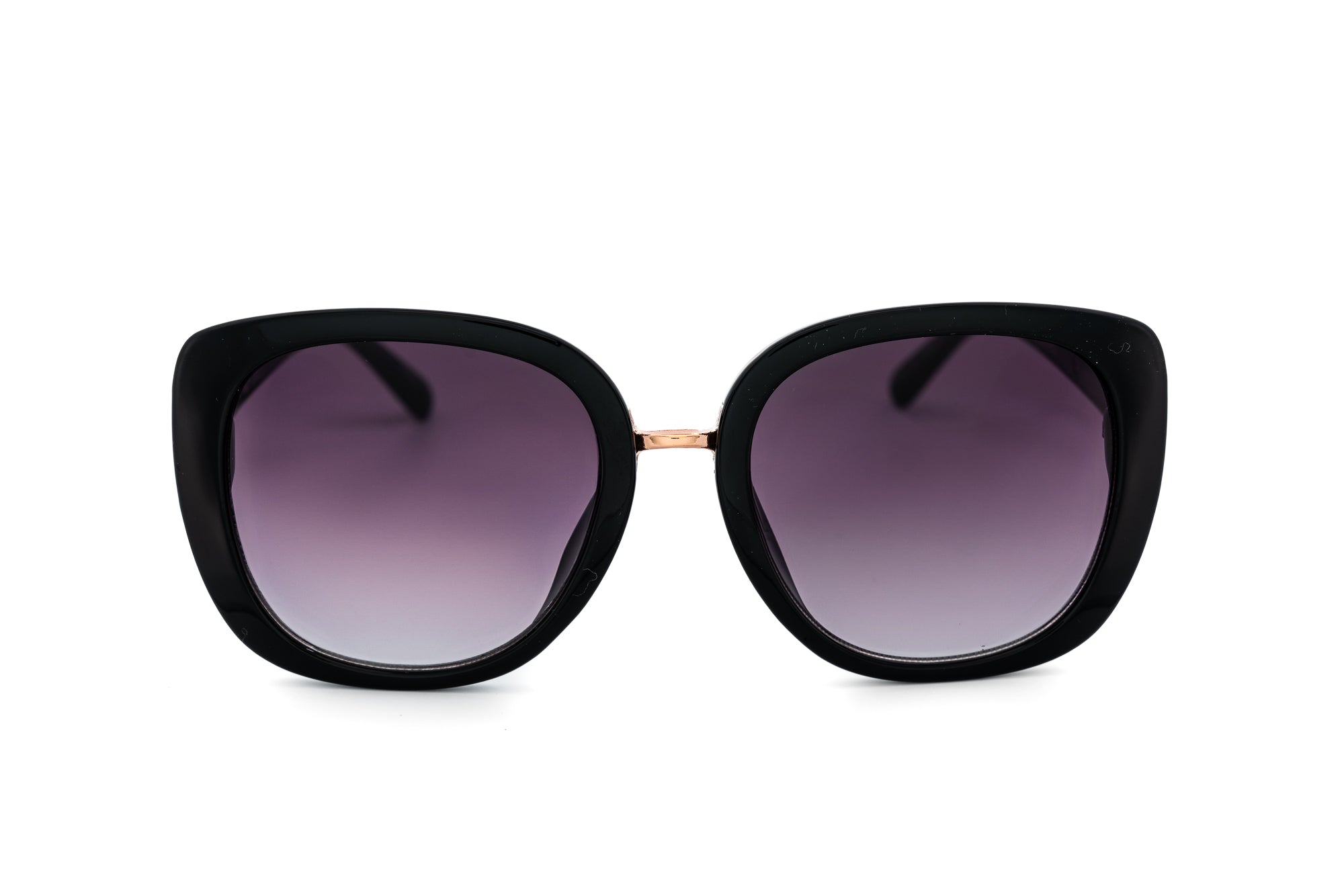 Calyra by Bolero Eyewear oversized black square sunglasses with gold chain temples and smoke gradient lenses front angle view