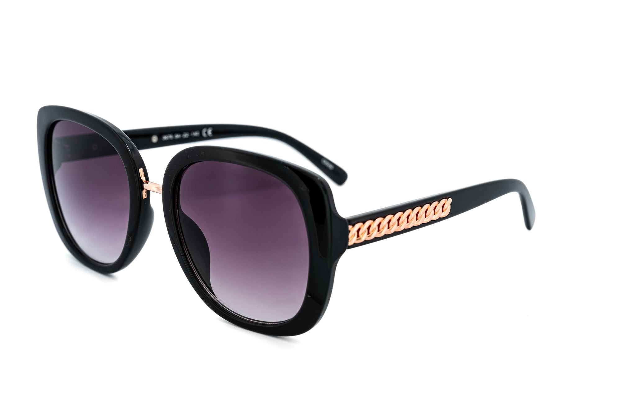 Calyra by Bolero Eyewear oversized black square sunglasses with gold chain temples and smoke gradient lenses
