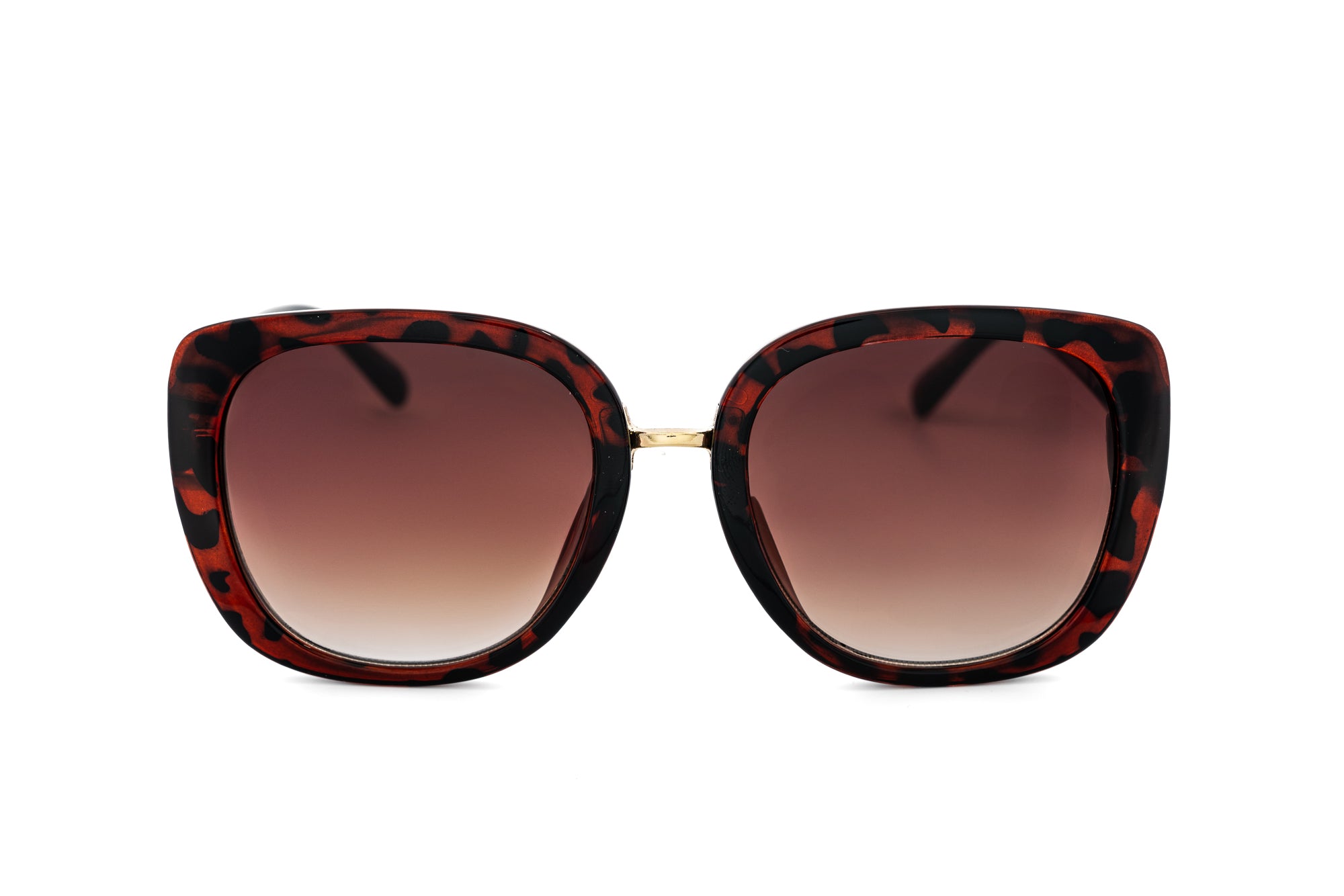 Calyra oversized tortoise sunglasses with gold chain-inspired temple detailing and brown gradient lenses front angle view