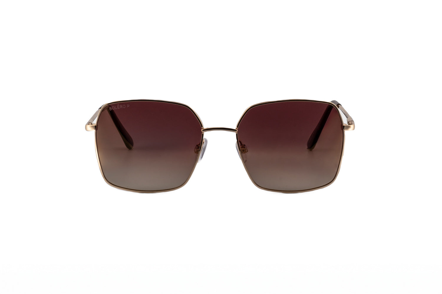 Celesta by Bolero Eyewear gold square sunglasses with polarized brown gradient lenses and lightweight metal frame front angle view