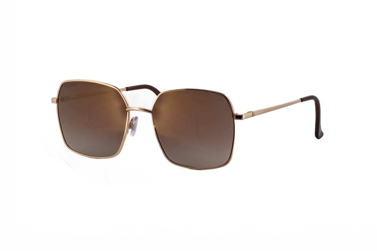 Celesta by Bolero Eyewear gold square sunglasses with polarized brown gradient lenses and lightweight metal frame