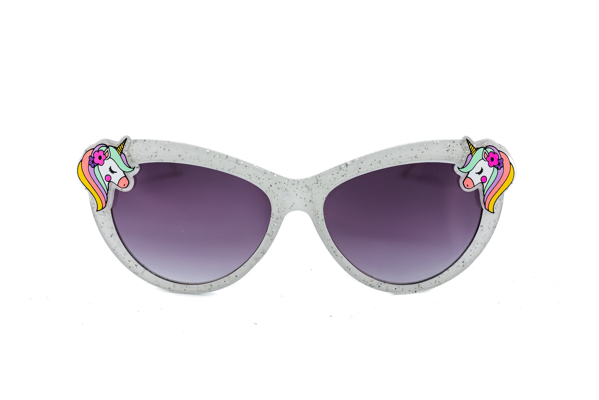 Celeste kids glitter unicorn sunglasses in white and purple with UV-protection lenses
front angle view