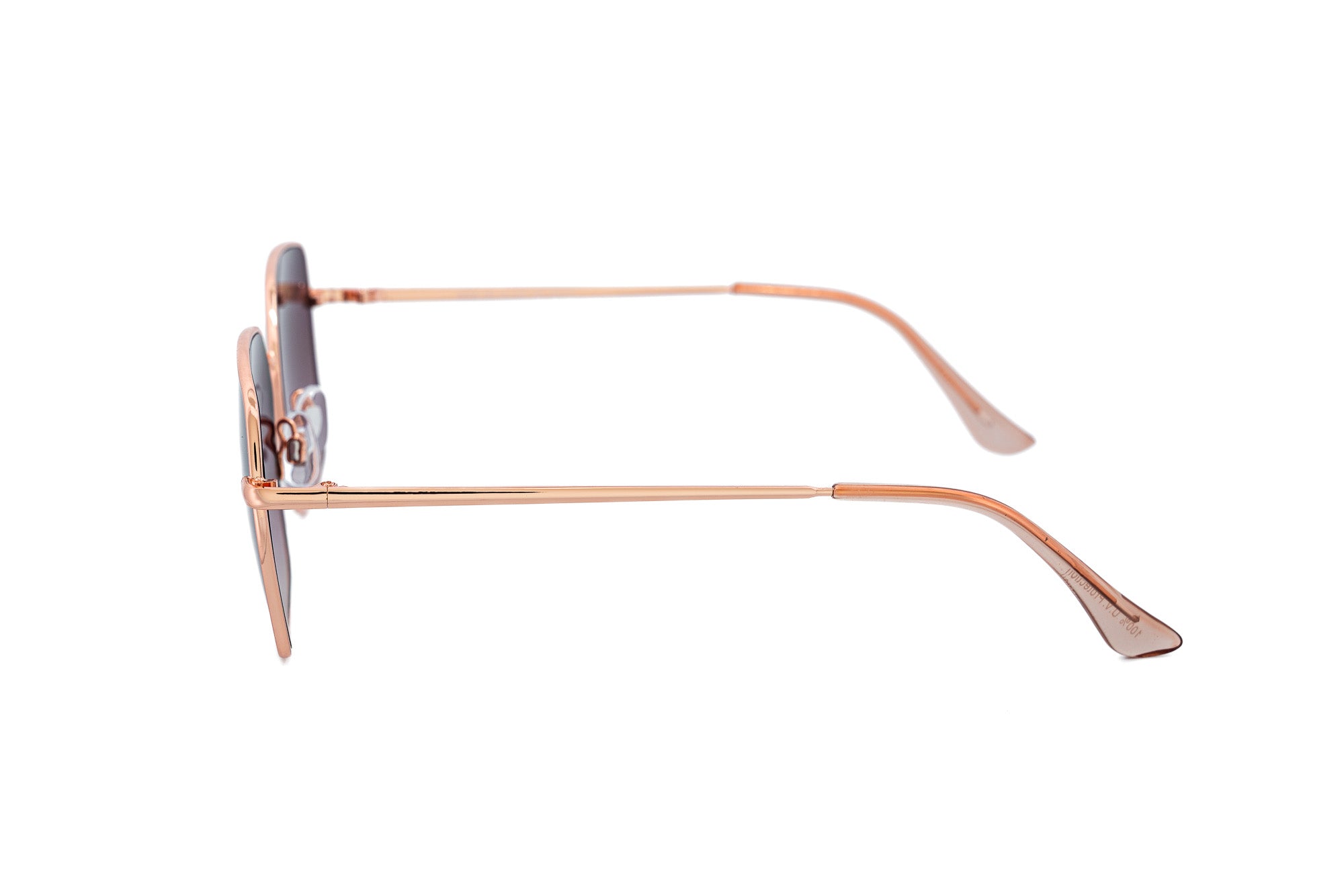 Cerselle by Bolero Eyewear rose gold square sunglasses with gradient UV lenses and thin metal frame side angle view