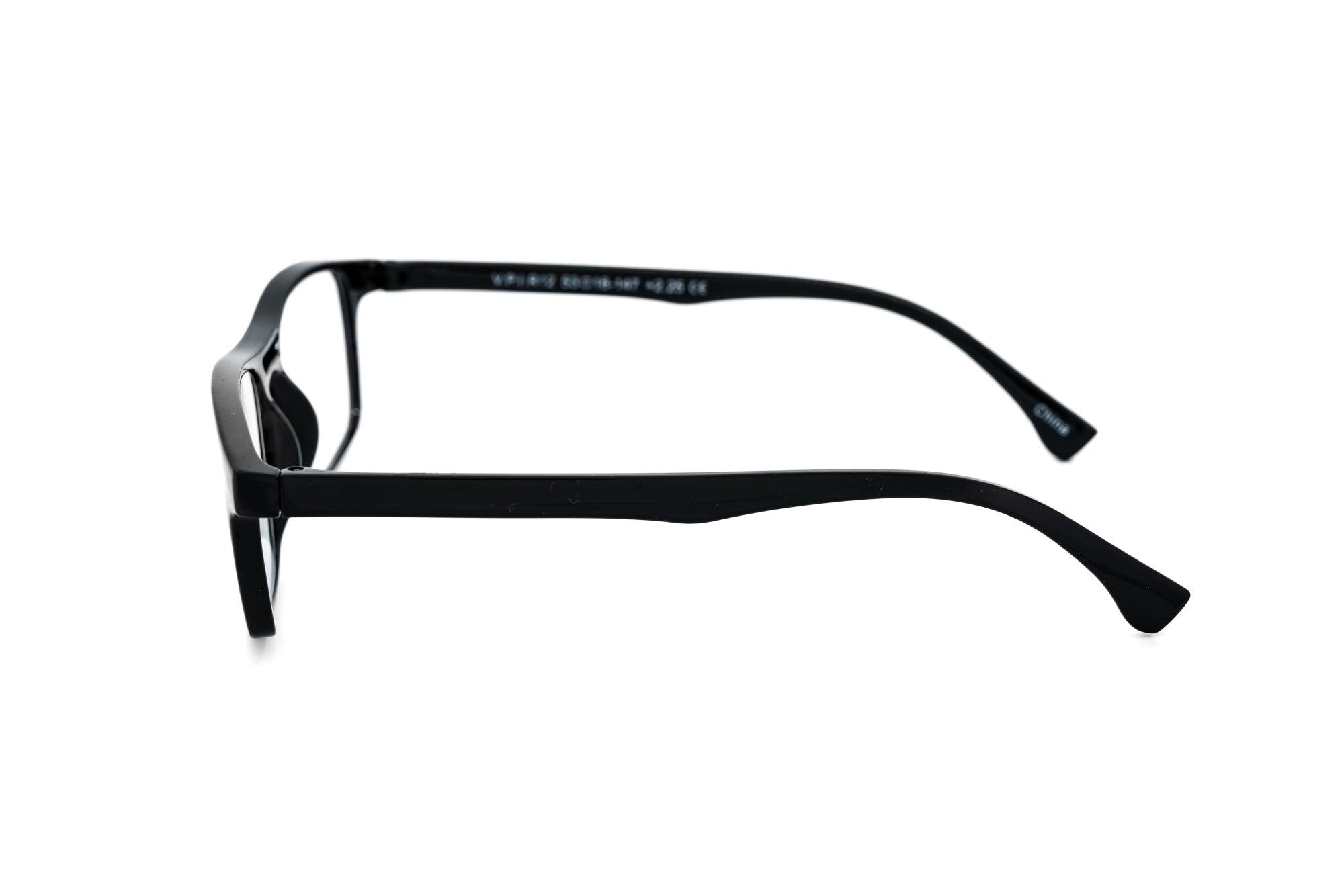 Channel by Bolero Eyewear black rectangular reading glasses with slim polycarbonate frame side angle view