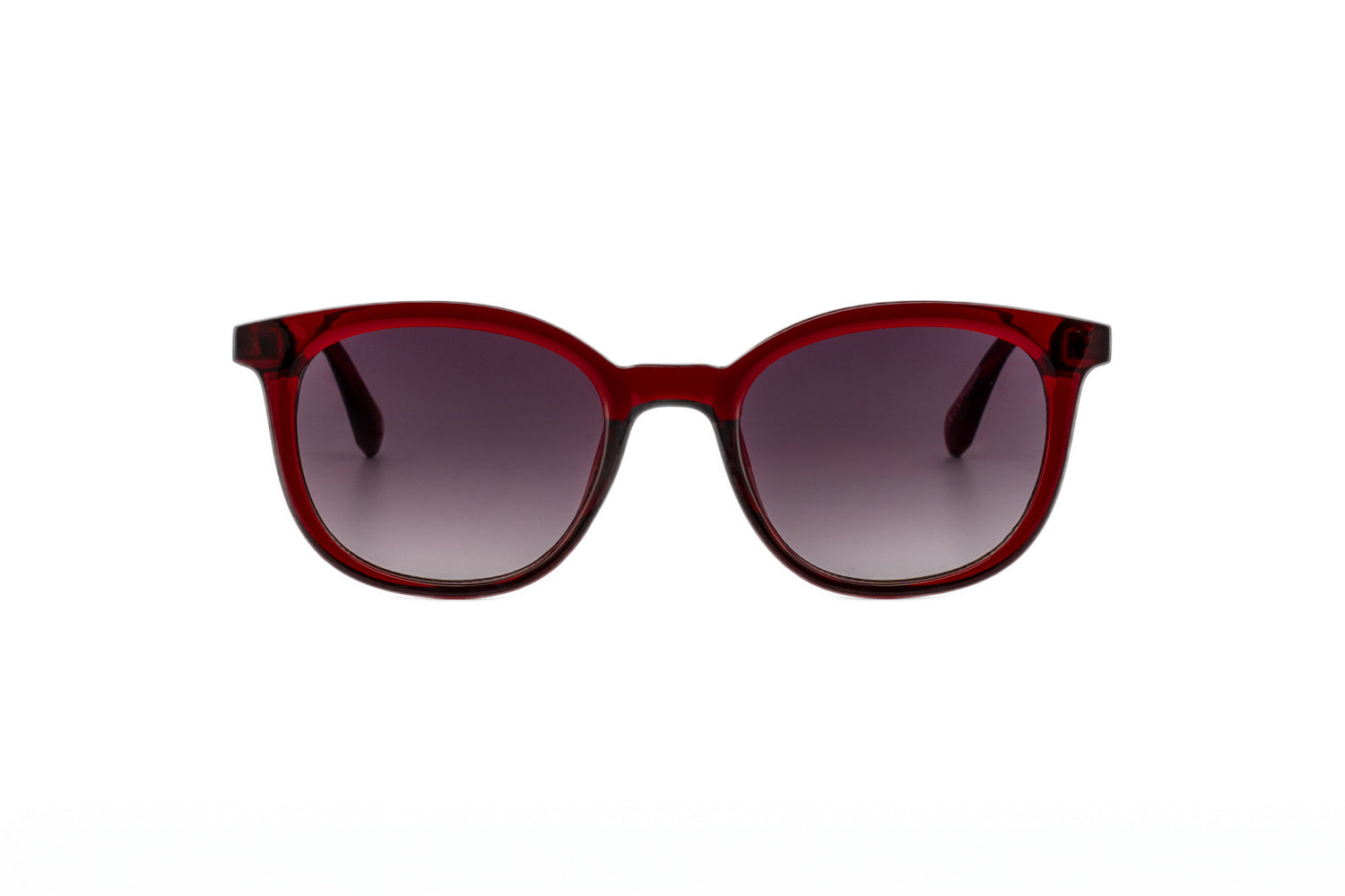 Chasty by Boléro Eyewear burgundy rounded sunglasses with smoke UV lenses front angle view