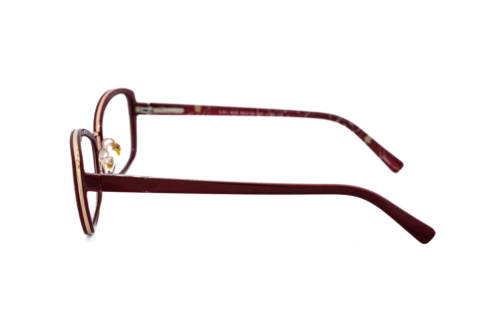 Claret by Bolero Eyewear wine-red reading glasses with gold accents and polycarbonate frame side angle view
