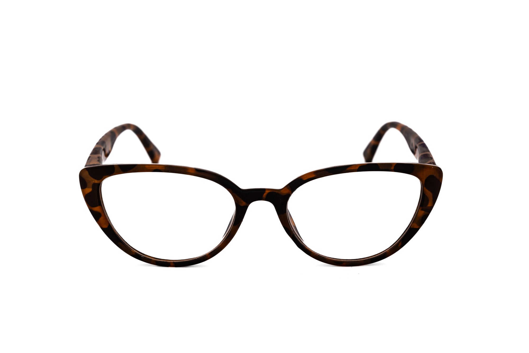 Colette by Bolero Eyewear cat-eye reading glasses in tortoise brown with sculptural rounded frame front angle view