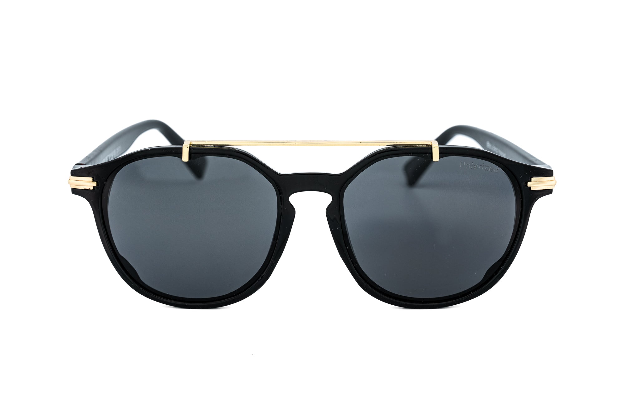 Draxler by Bolero Eyewear black sunglasses with gold double-bridge and smoke UV lenses front angle view