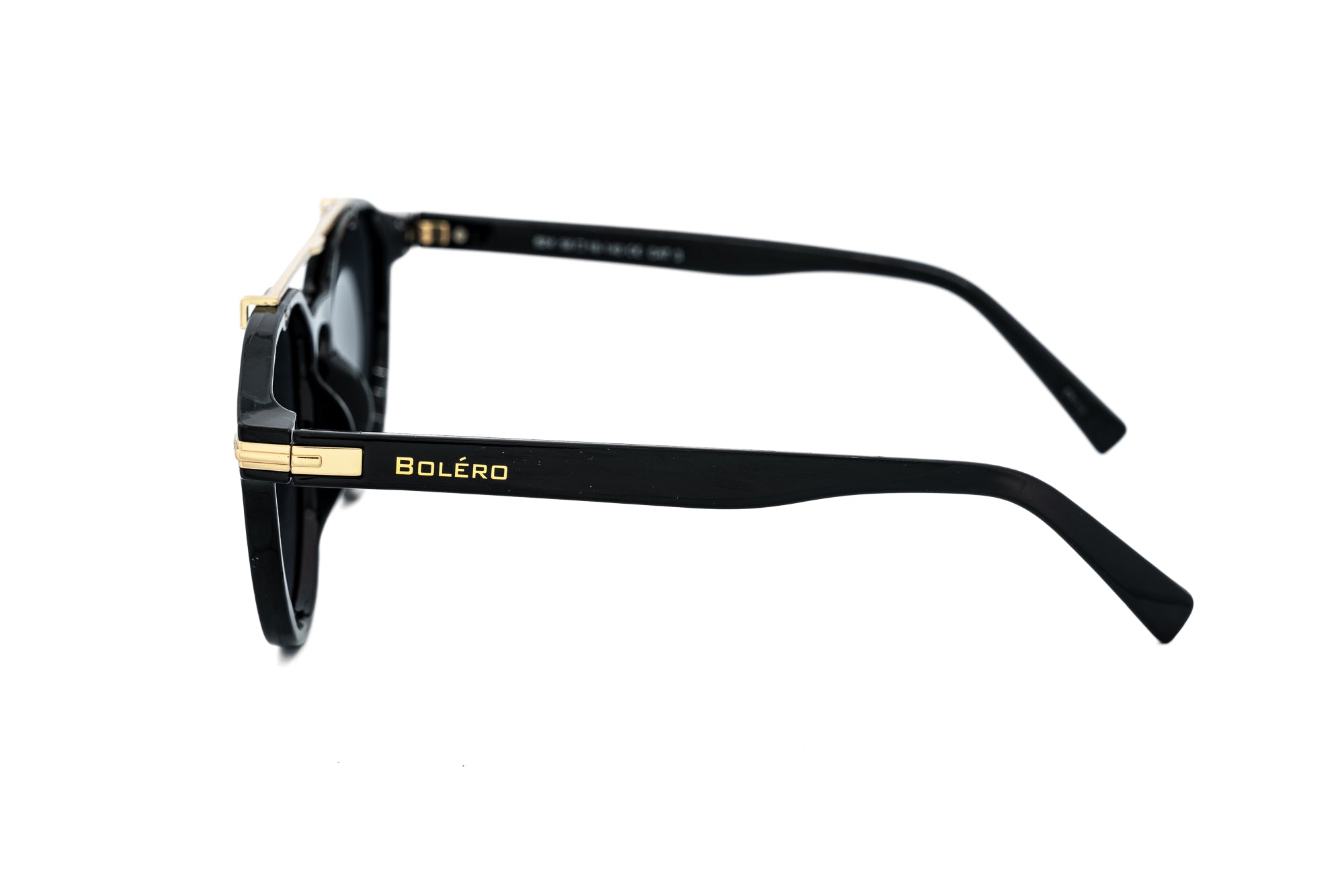 Draxler by Bolero Eyewear black sunglasses with gold double-bridge and smoke UV lenses side angle view