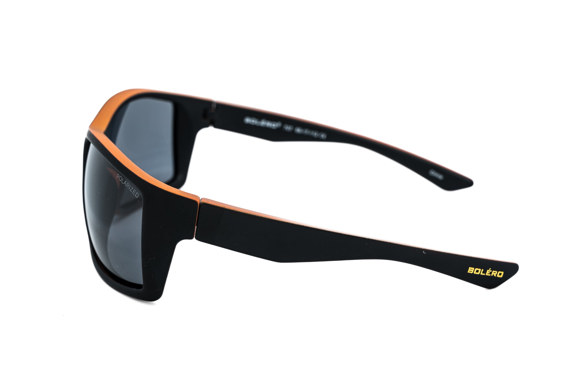 Black sport sunglasses with polarized UV protection and floating polycarbonate frame side angle view
