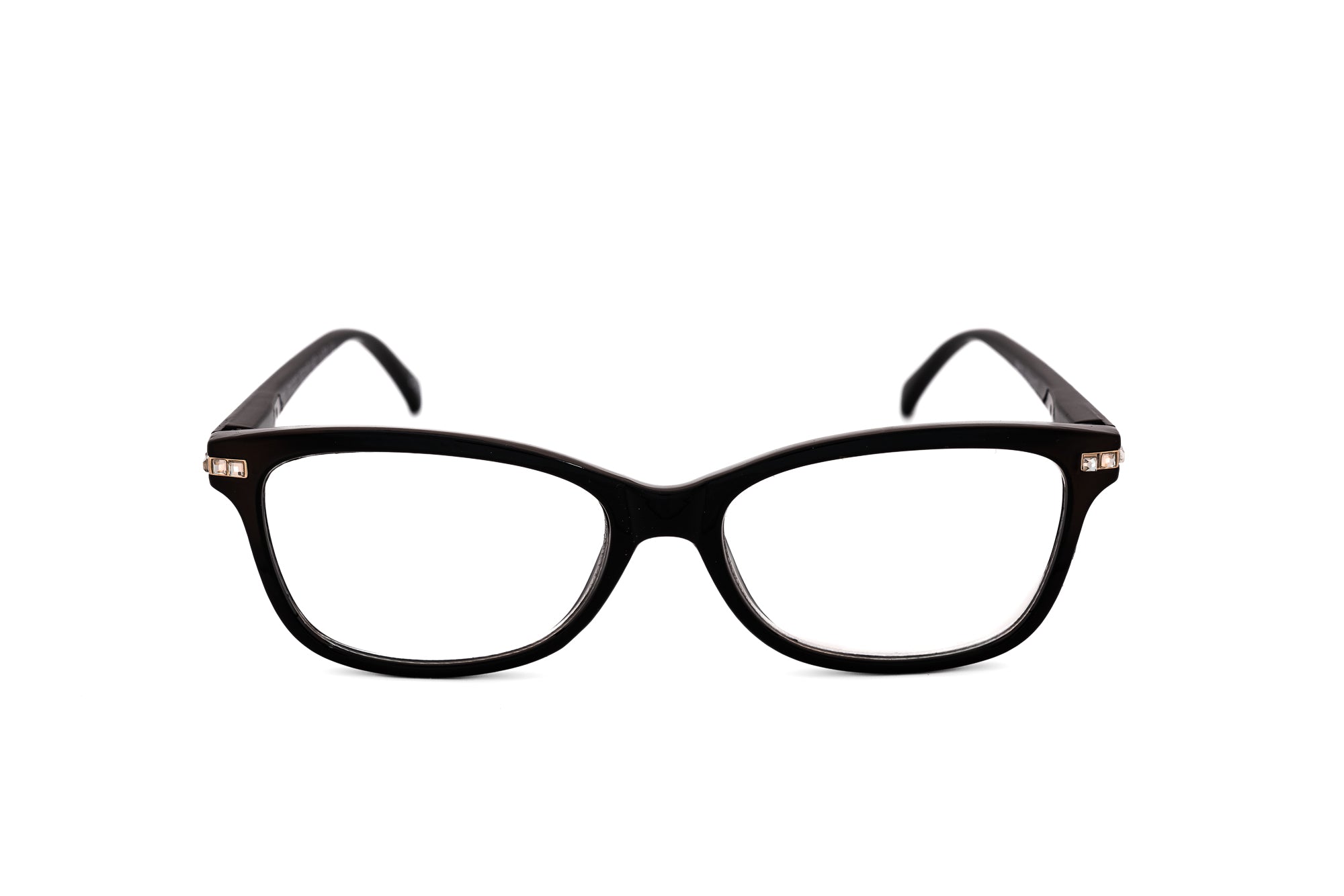 Elanza by Bolero Eyewear black cat-eye reading glasses with crystal-accented temples front angle view