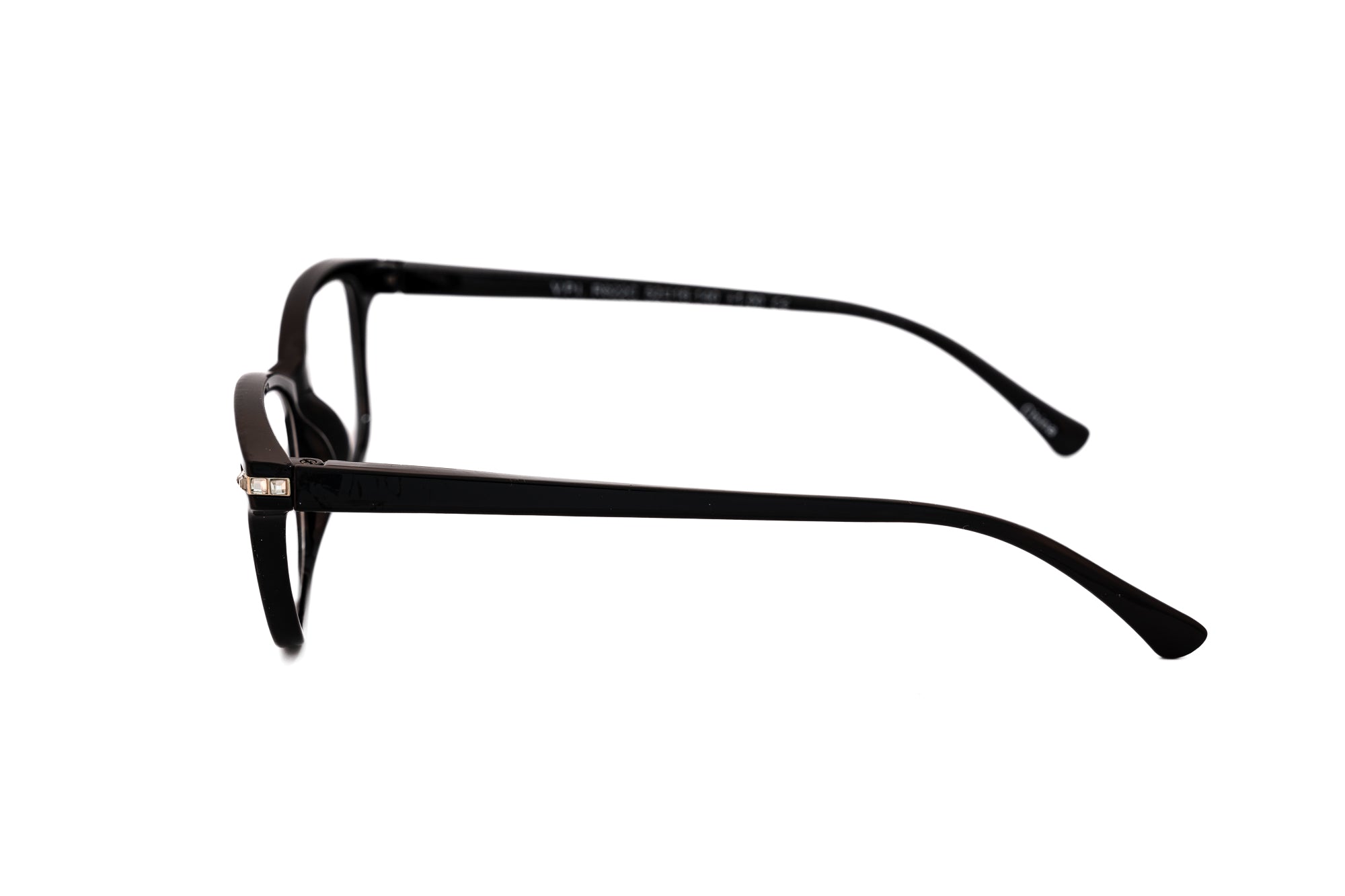 Elanza by Bolero Eyewear black cat-eye reading glasses with crystal-accented temples side angle view