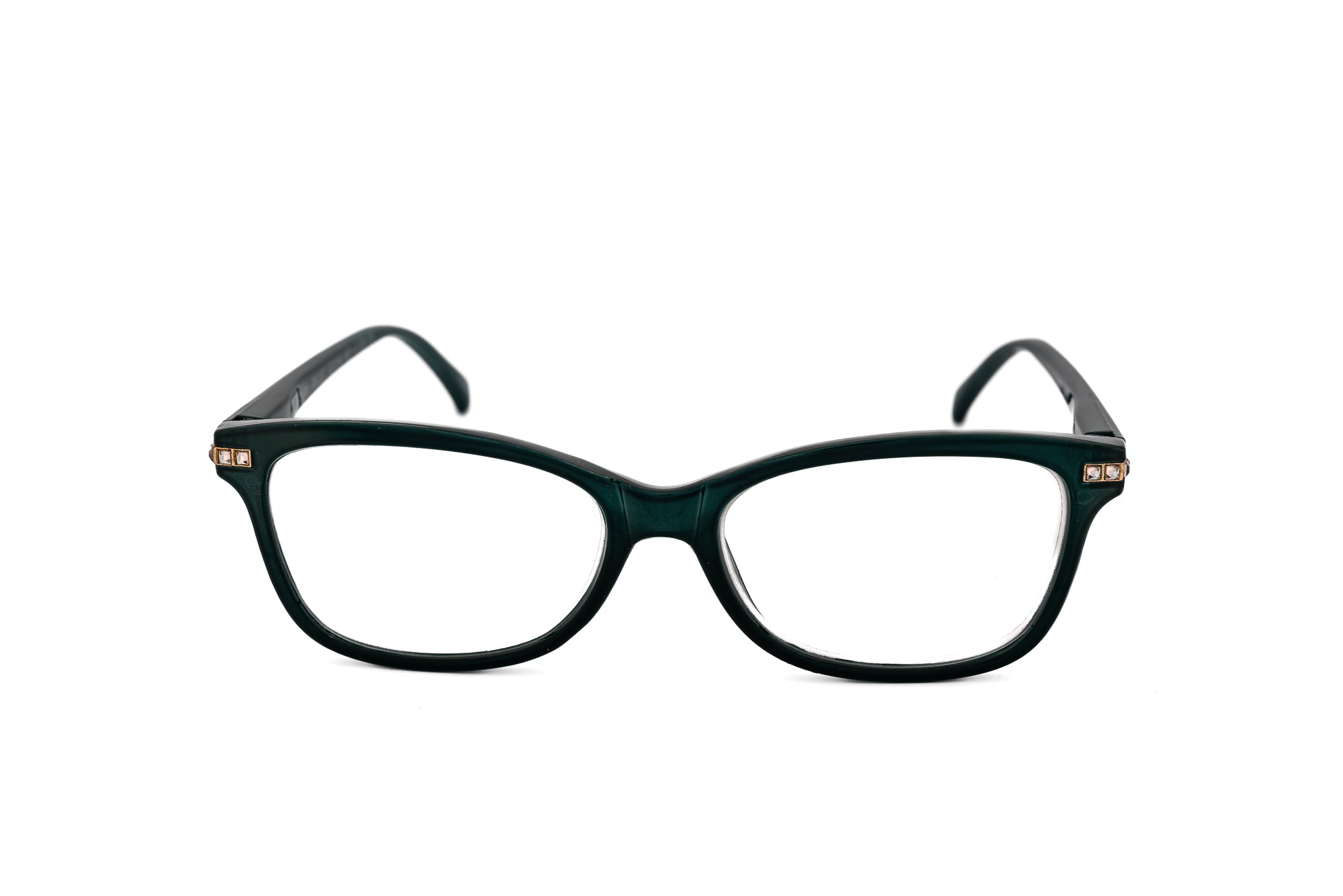 Elanza by Bolero Eyewear green cat-eye reading glasses with jeweled temple accents front angle view