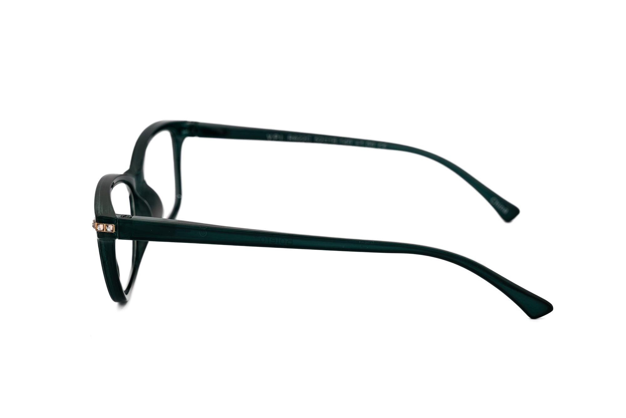 Elanza by Bolero Eyewear green cat-eye reading glasses with jeweled temple accents side angle view