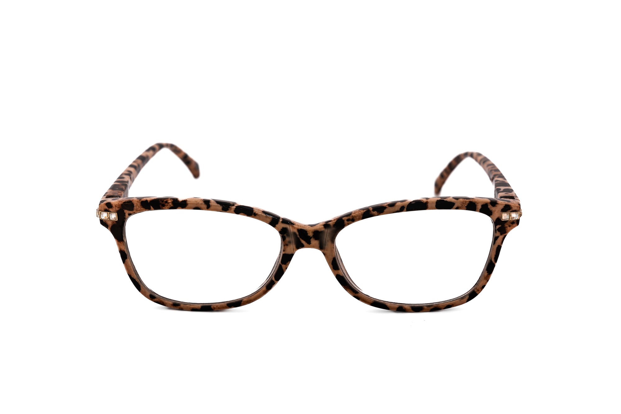 Elanza by Bolero Eyewear leopard cat-eye reading glasses with lightweight polycarbonate frame front angle view
