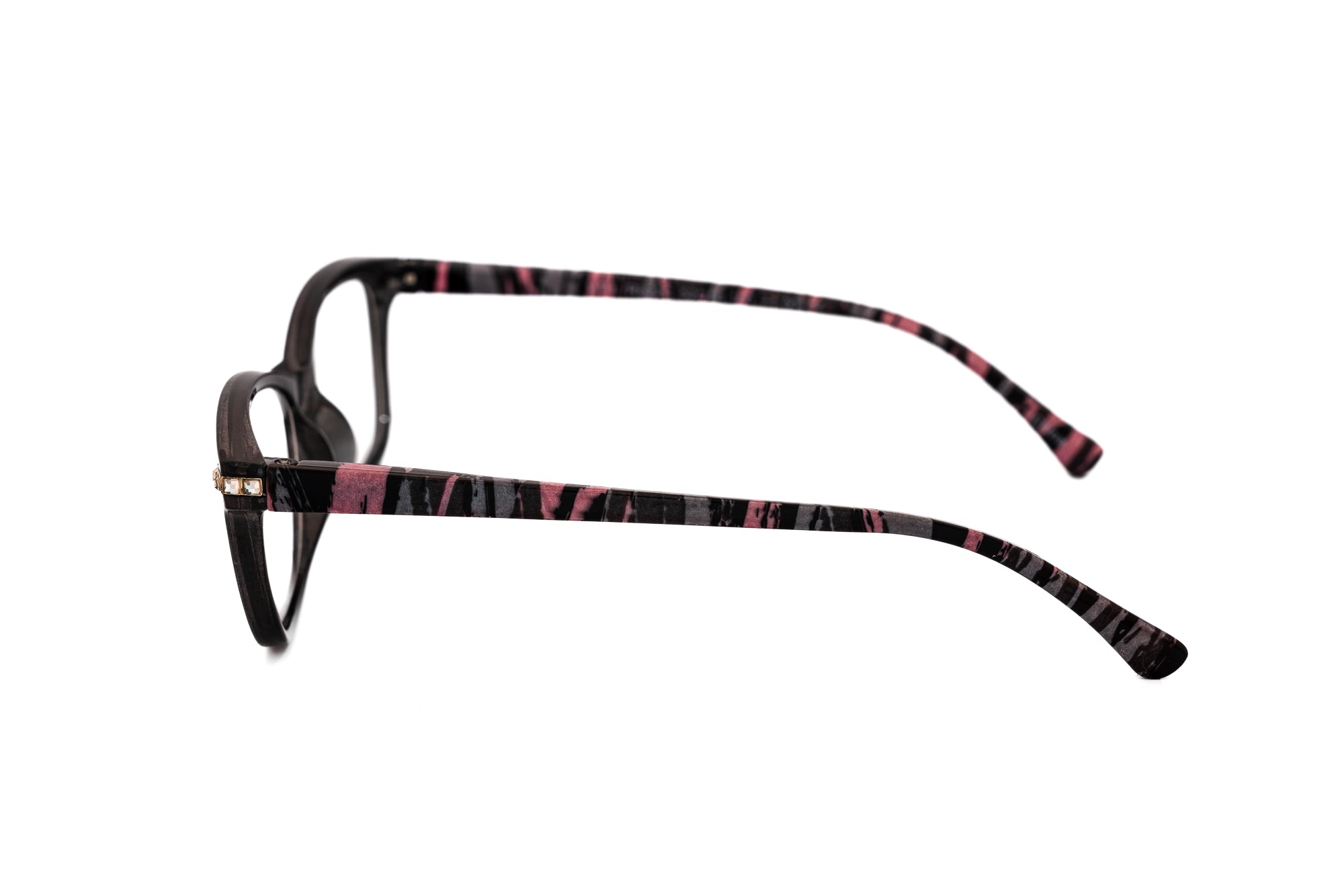 Elanza by Bolero Eyewear pink stripe reading glasses with feminine cat-eye silhouette side angle view