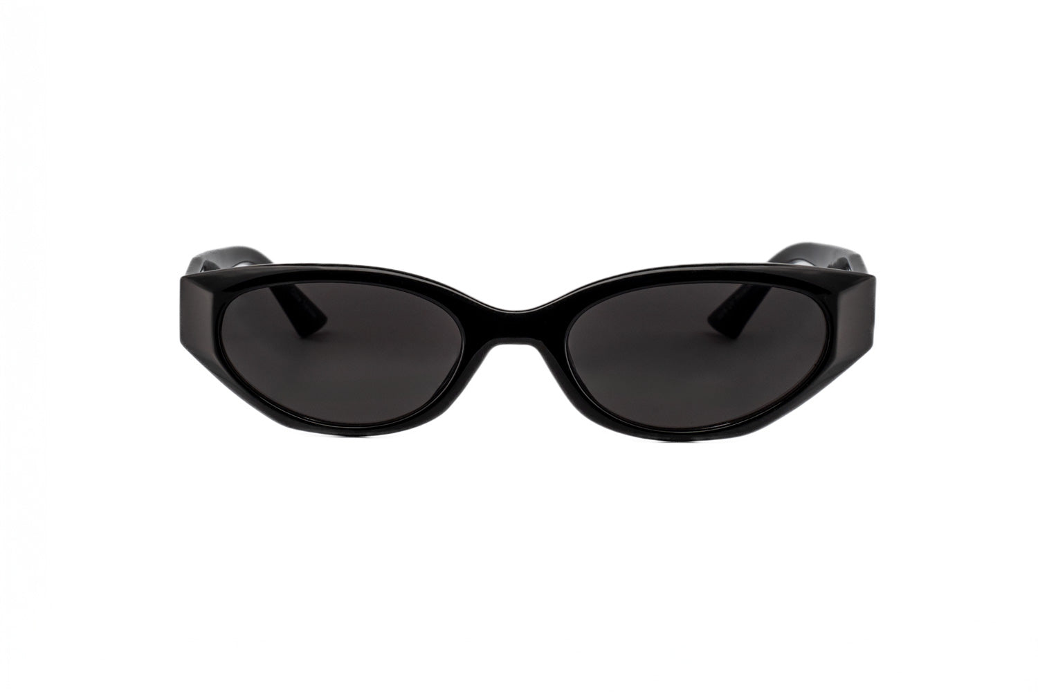 Elara by Bolero Eyewear black cat-eye sunglasses with UV lenses and sculpted crystal frame front angle view