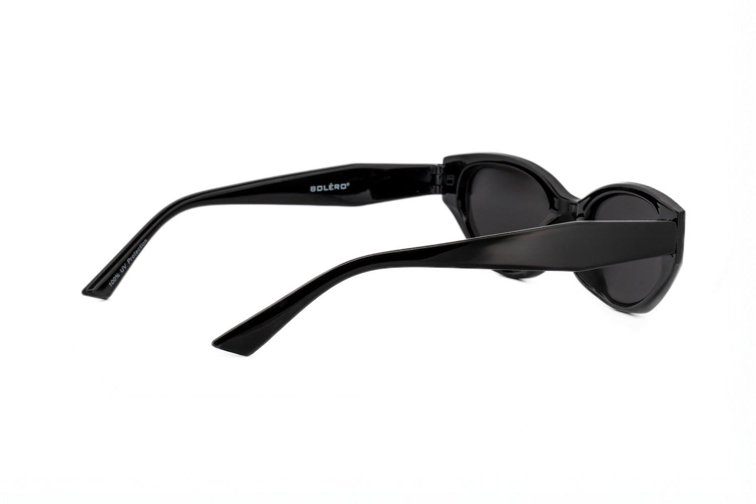 Elara by Bolero Eyewear black cat-eye sunglasses with UV lenses and sculpted crystal frame rear three-quarter angle view