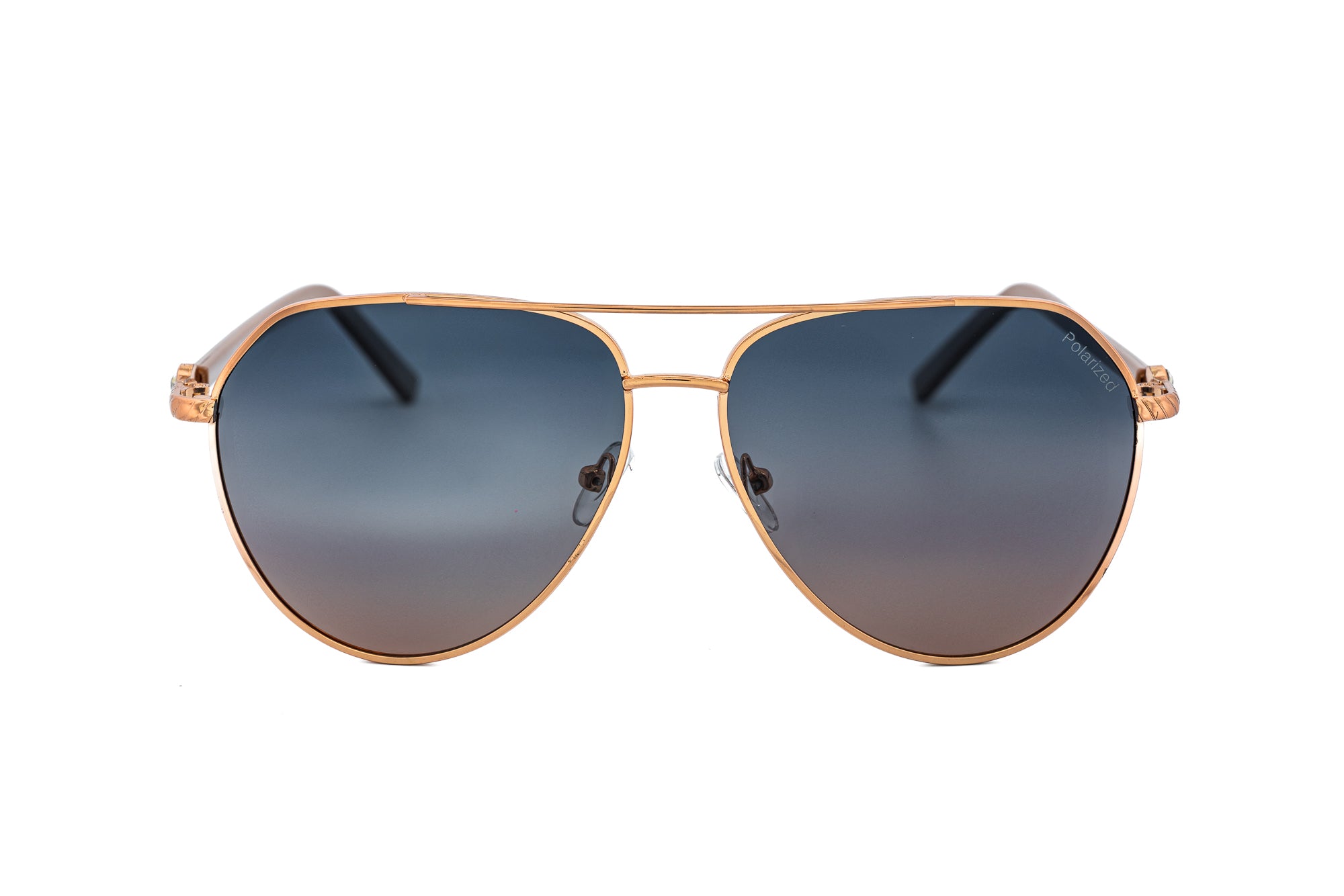 Elowen by Bolero Eyewear gold aviator sunglasses with polarized smoke lenses front angle view
