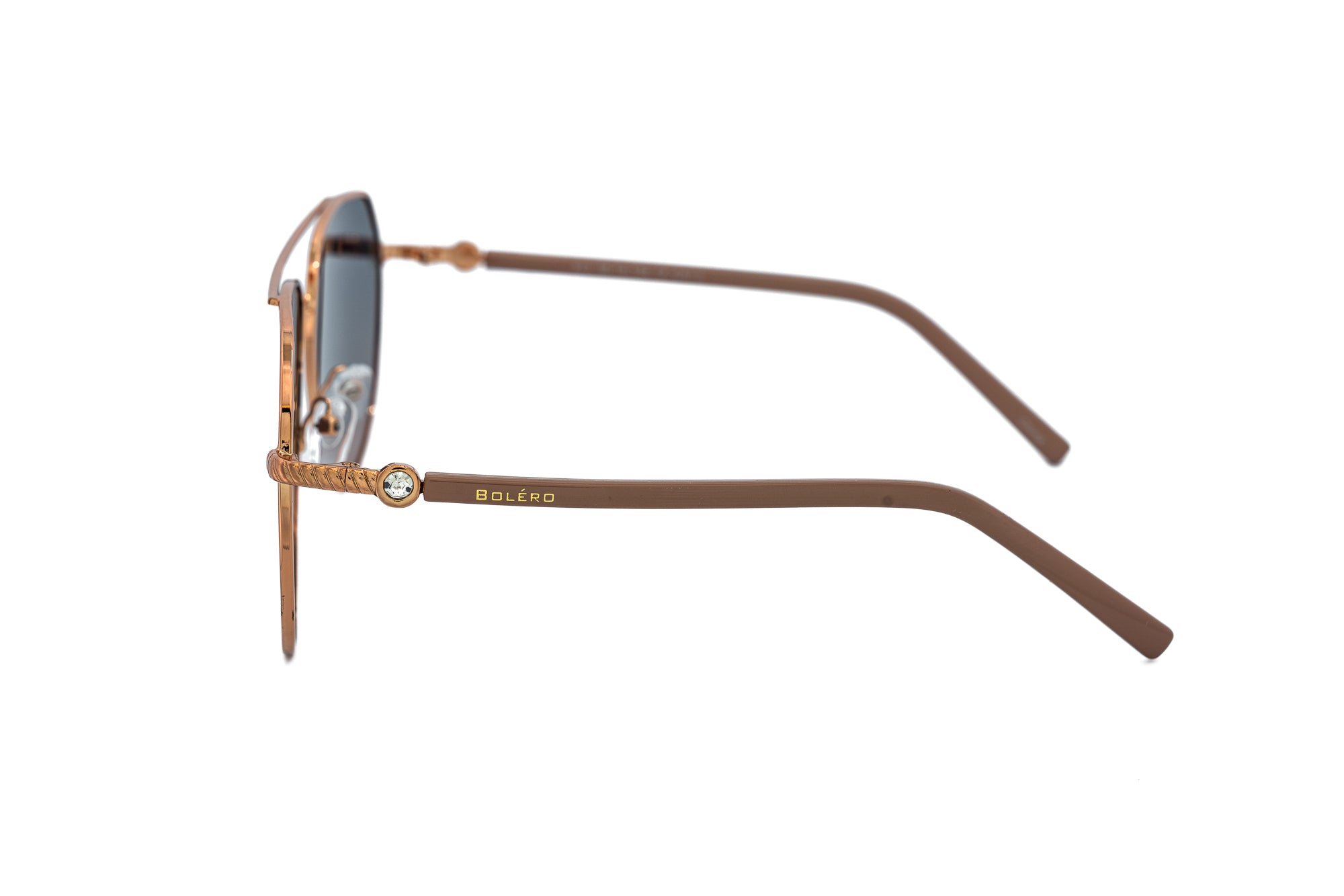 Elowen by Bolero Eyewear gold aviator sunglasses with polarized smoke lenses side angle view