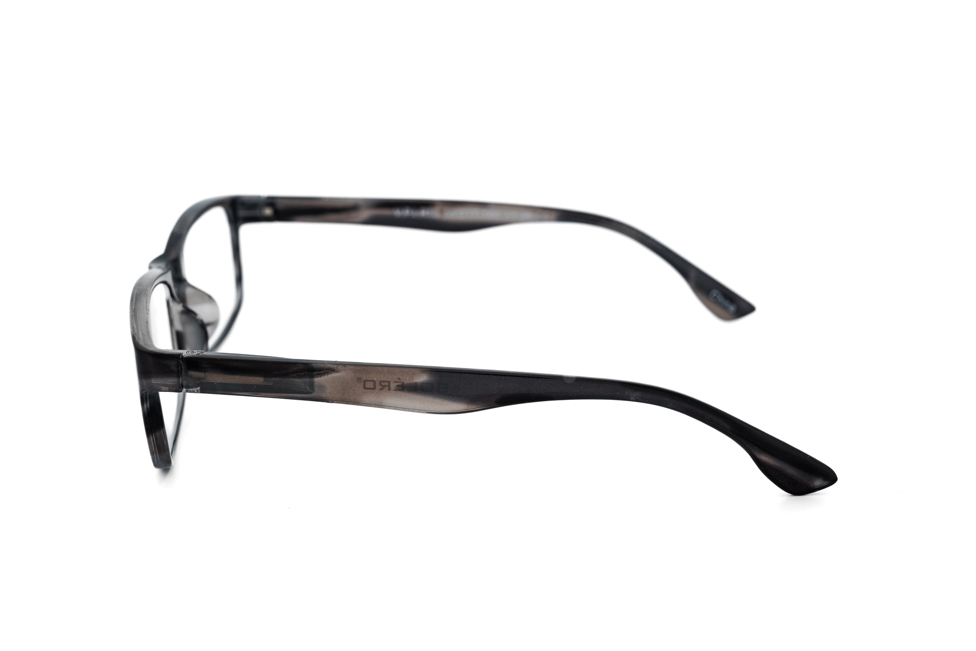 Elston by Bolero Eyewear rectangular reading glasses in marbled gray polycarbonate frame side angle view