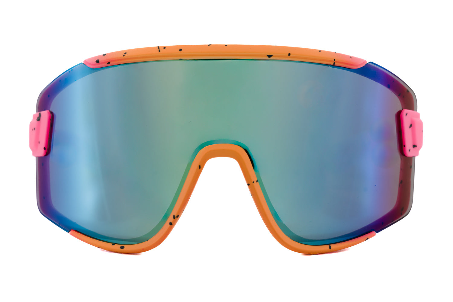 Evo by Bolero Eyewear kids sunglasses with pink orange yellow frame and mirrored lenses front angle view