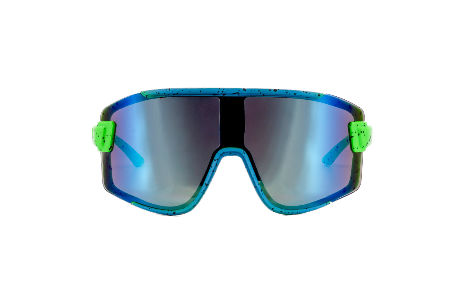 Flarex kids sunglasses by Bolero Eyewear with blue frame and green mirrored lens front angle view