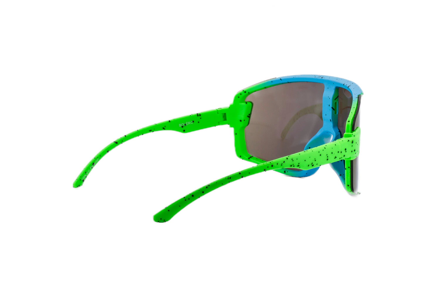 Flarex kids sunglasses by Bolero Eyewear with blue frame and green mirrored lens quarter-three angle view