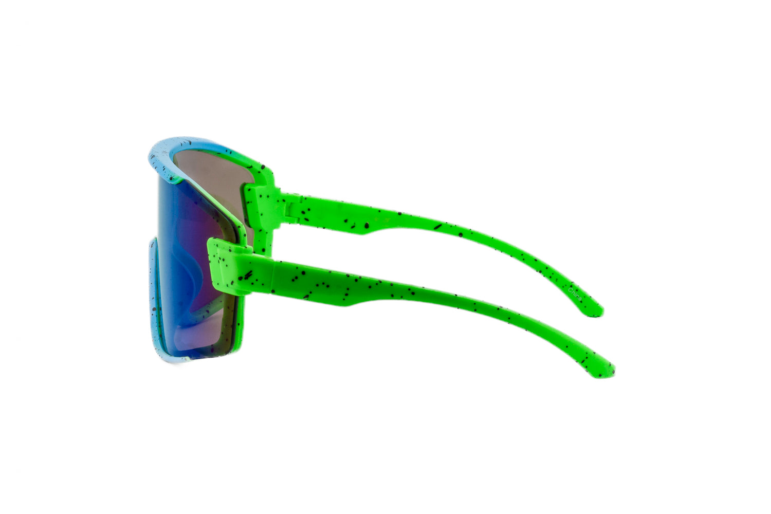 Flarex kids sunglasses by Bolero Eyewear with blue frame and green mirrored lens side angle view