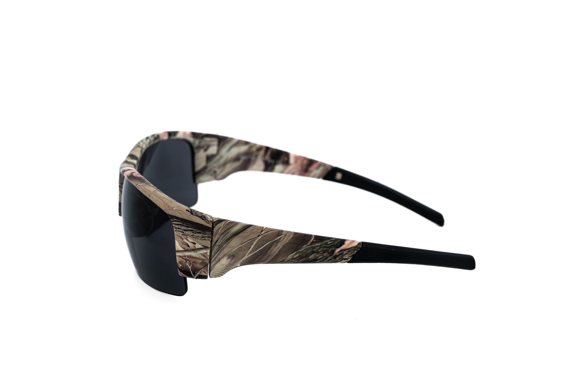 Hunter by Bolero Eyewear men’s camo sport sunglasses with high-wrap frame and impact-resistant lenses side angle view