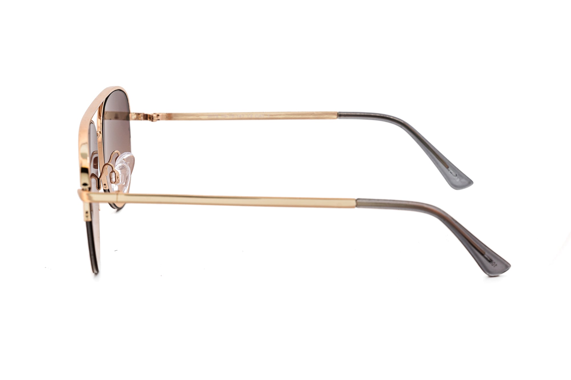Isla by Bolero Eyewear gold aviator sunglasses with gradient brown UV lenses and slim metal frame side angle view
