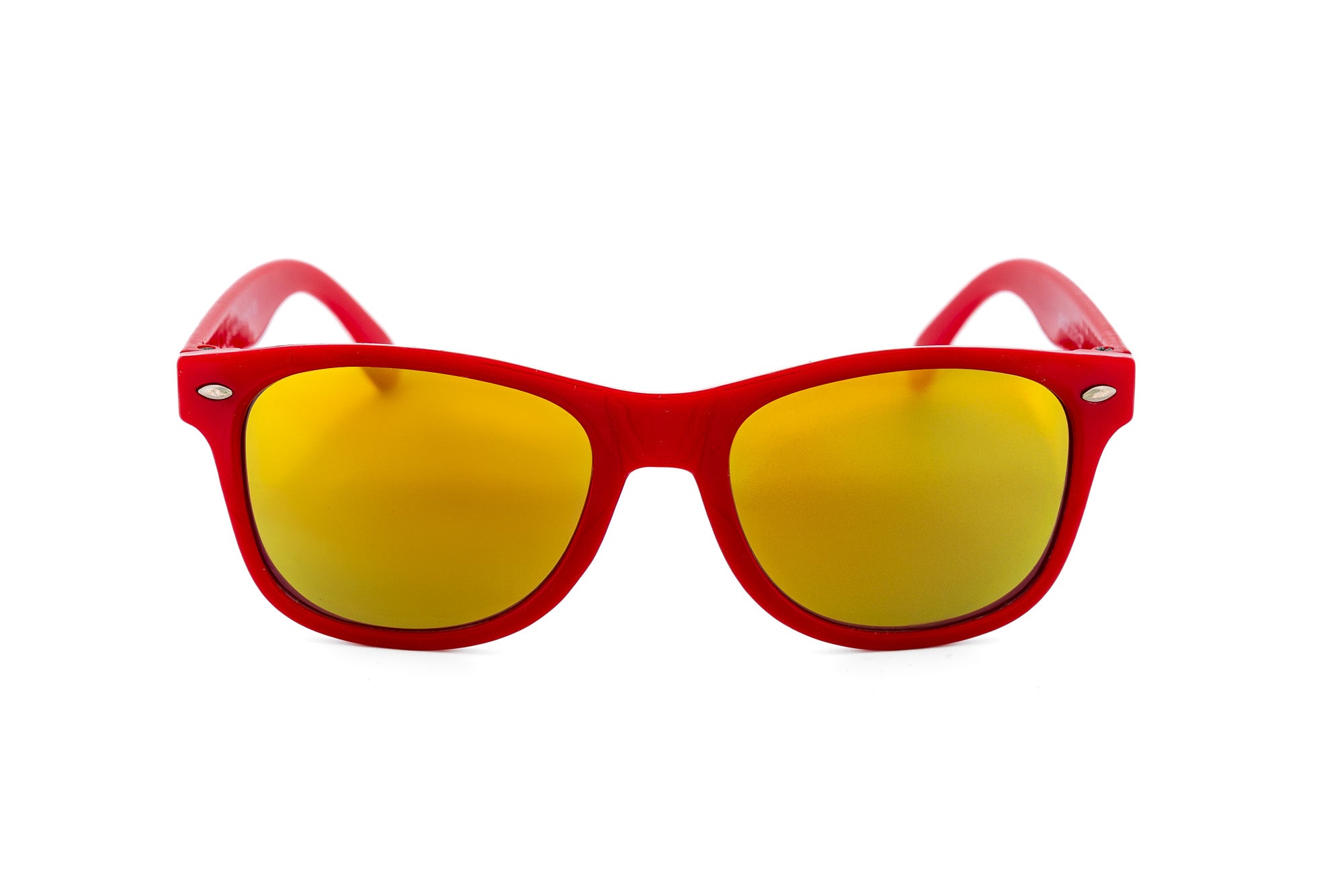 Jorrell by Bolero Eyewear red kids sunglasses with yellow mirror UV lenses by Bolero Eyewear front angle view