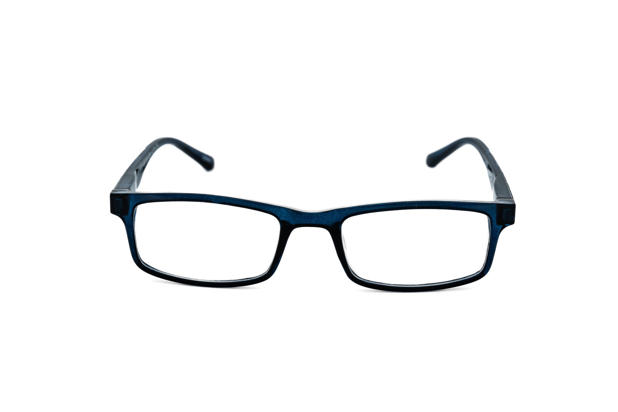 Kingswell reading glasses in deep blue with lightweight rectangular polycarbonate frame front angle view