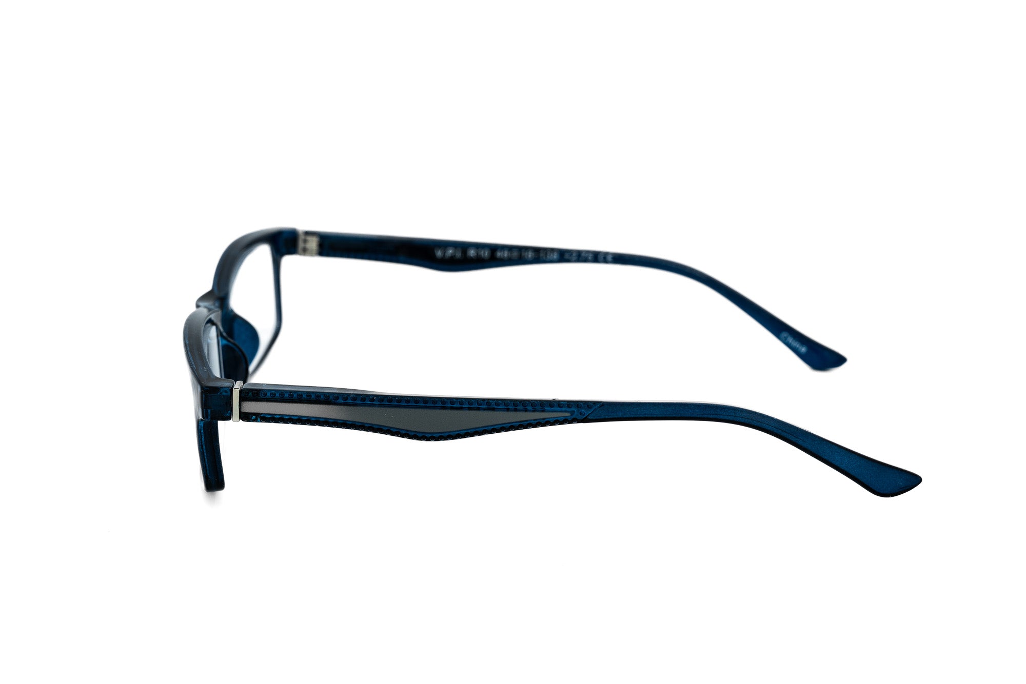 Kingswell reading glasses in deep blue with lightweight rectangular polycarbonate frame side angle view
