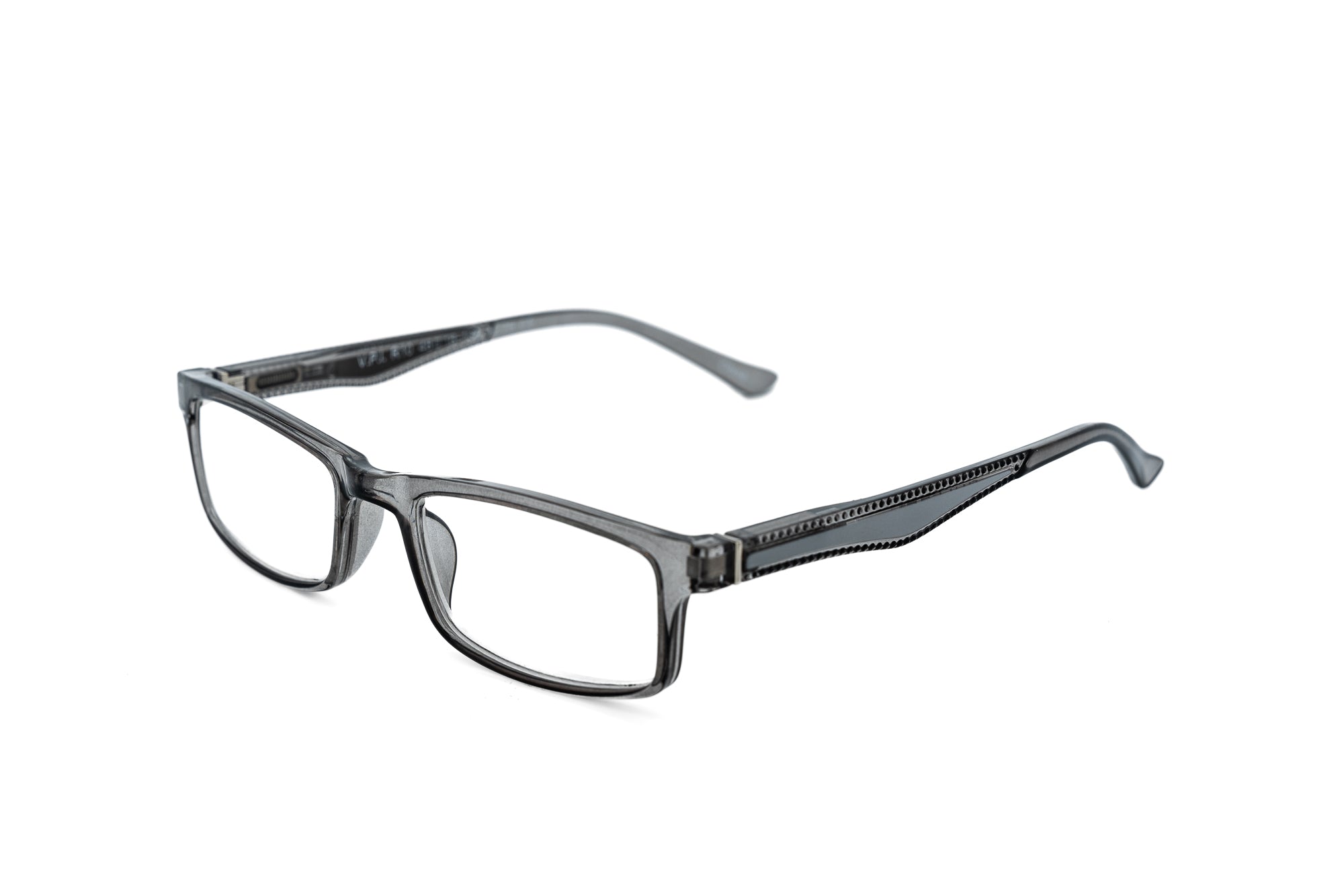 Kingswell rectangular readers in smoky crystal grey with slim temple detailing