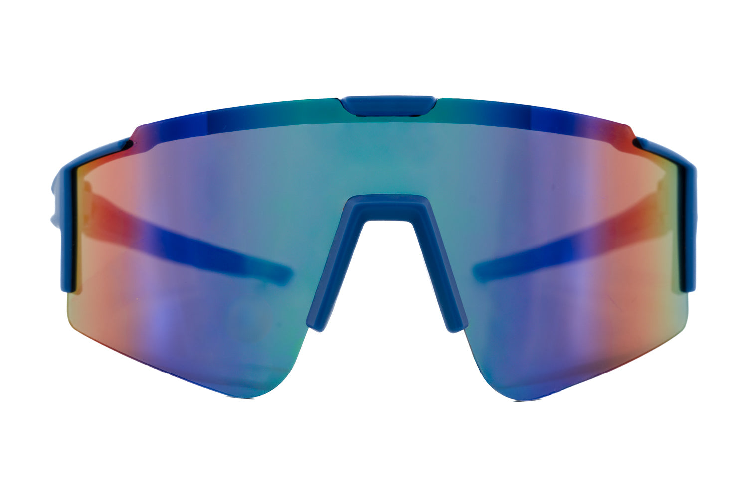 Klio by Boléro Eyewear blue mirror shield sunglasses with wraparound sport design front angle view