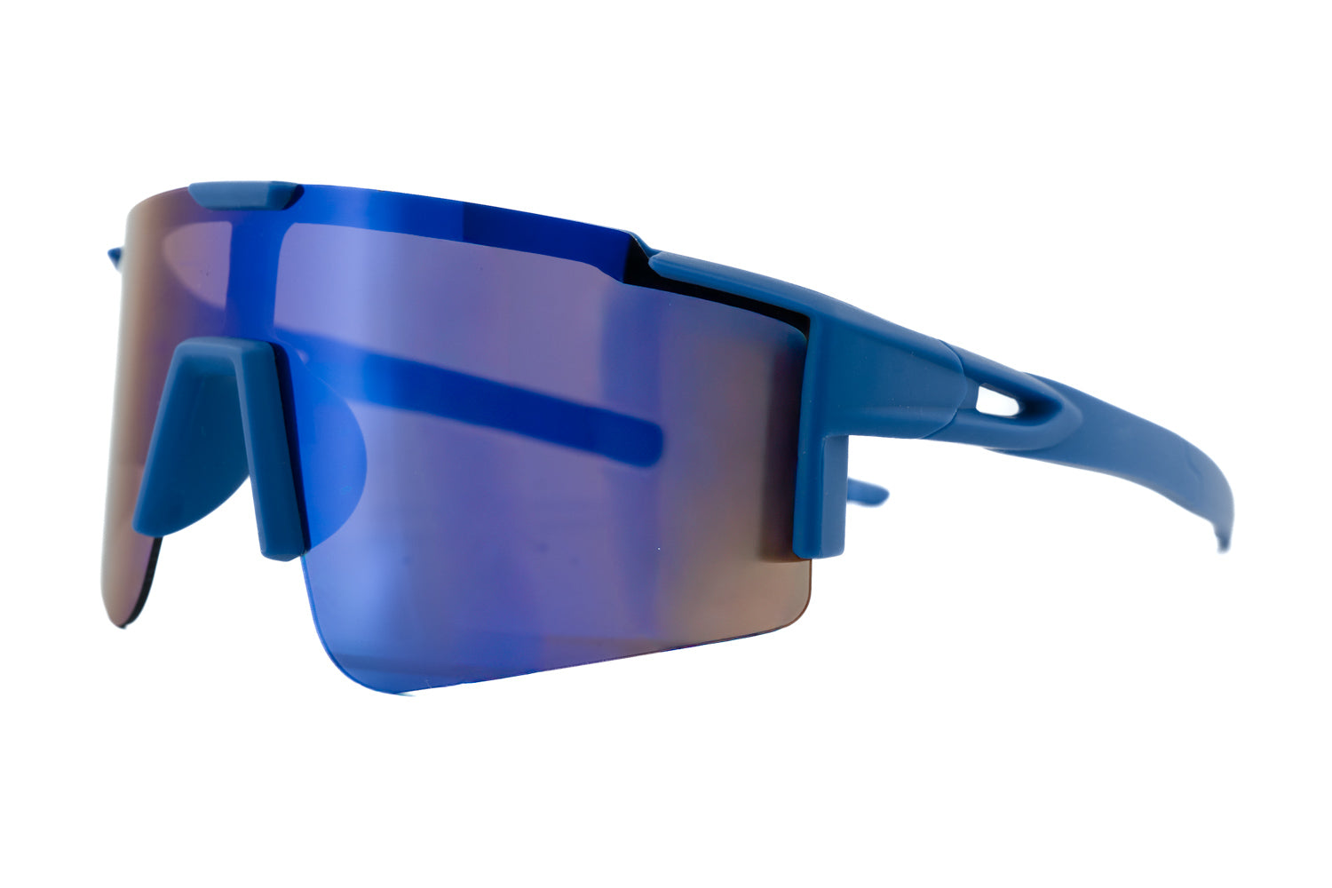 Klio by Boléro Eyewear blue mirror shield sunglasses with wraparound sport design