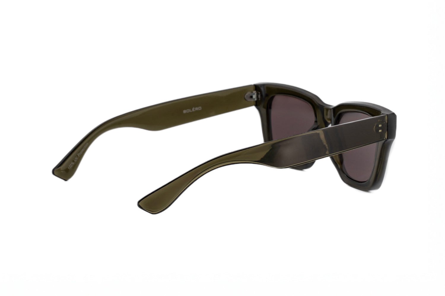 Knox amber green sculpted sunglasses with smoke UV lenses rear three-quarter angle view
