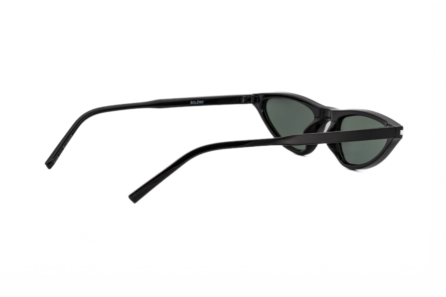 Kora by Bolero Eyewear black cat-eye sunglasses with slim angular design and smoke UV lenses by Bolero Eyewear rear three-quarter angle view