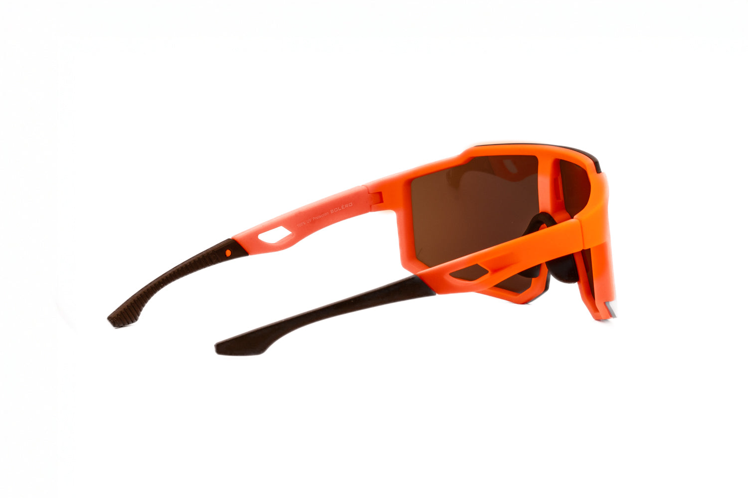 Kurt by Boléro Eyewear orange shield sunglasses with orange mirror lens three-quarter angle view