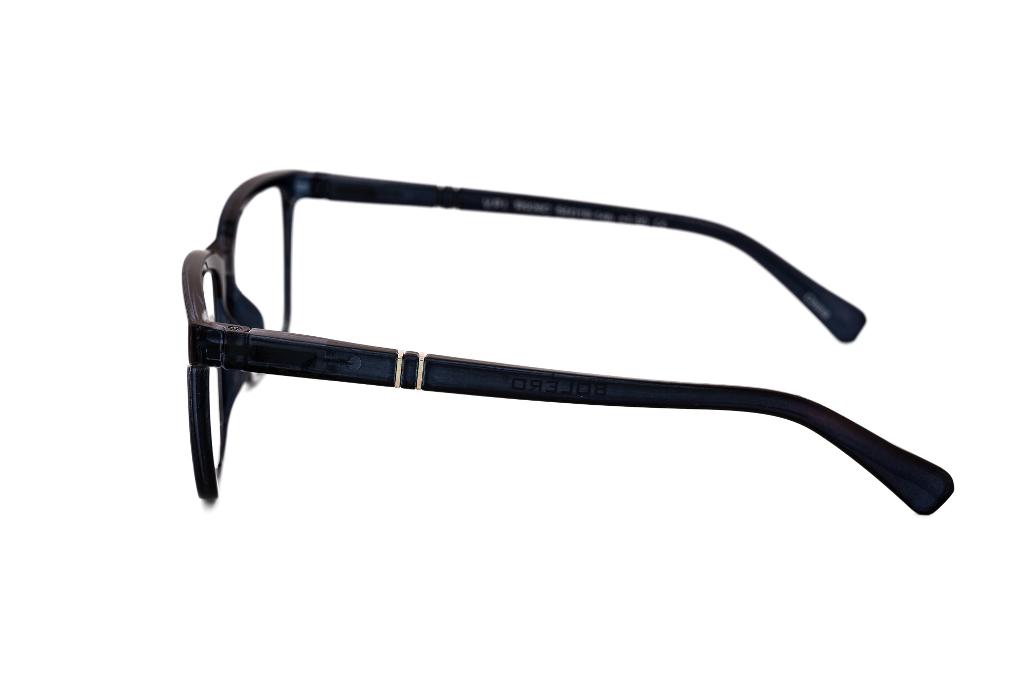 Lucien by Bolero Eyewear rectangular black reading glasses with lightweight polycarbonate frame and metal hinge detail side angle view
